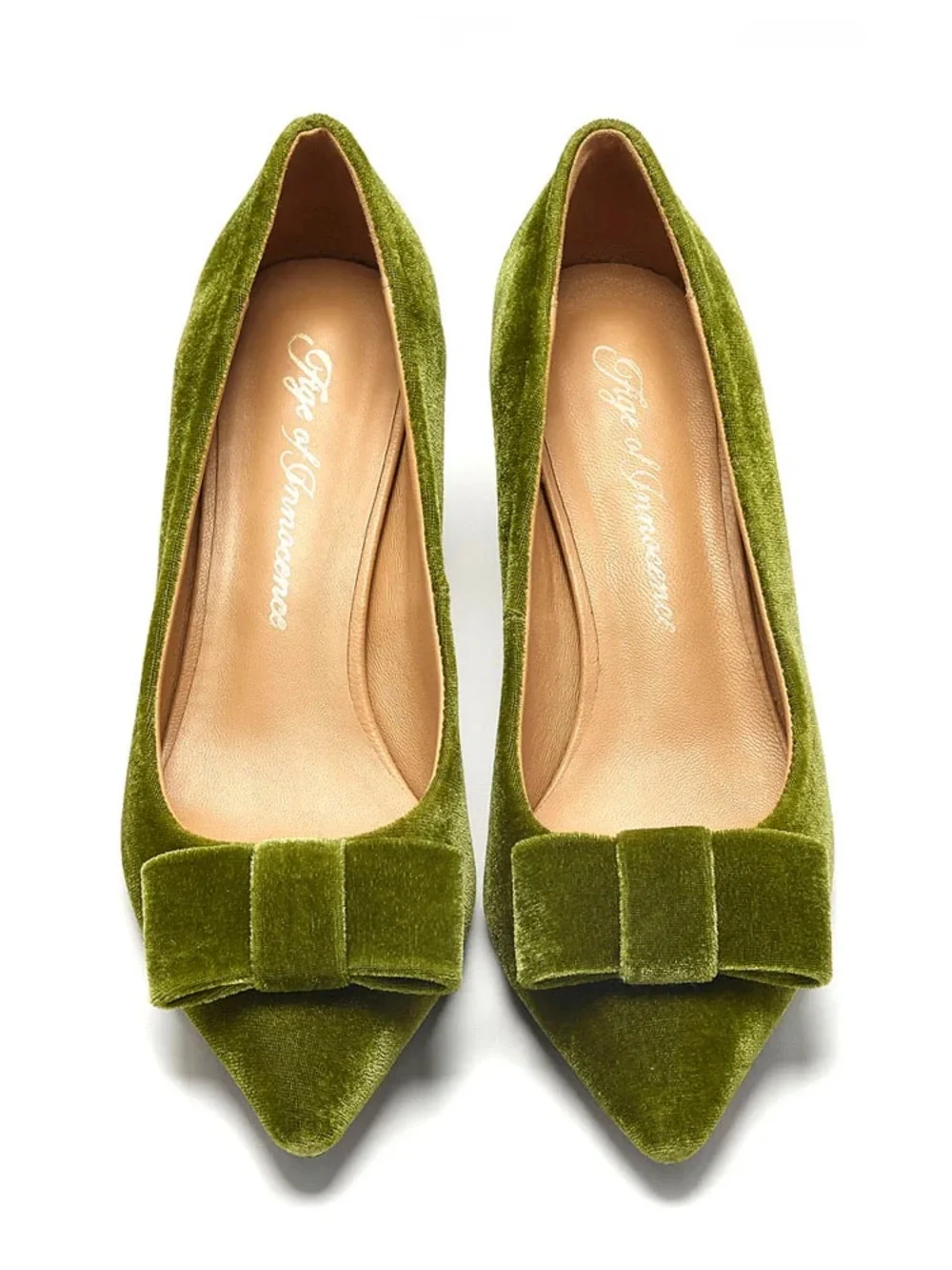 Velvet Pointed-Toe Low Heel Pumps in Olive Green